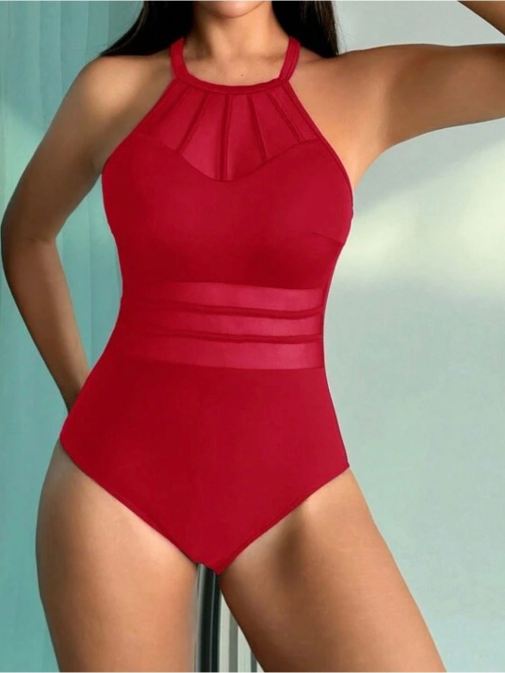 Red High-Neck Mesh Inset One-Piece Swimsuit